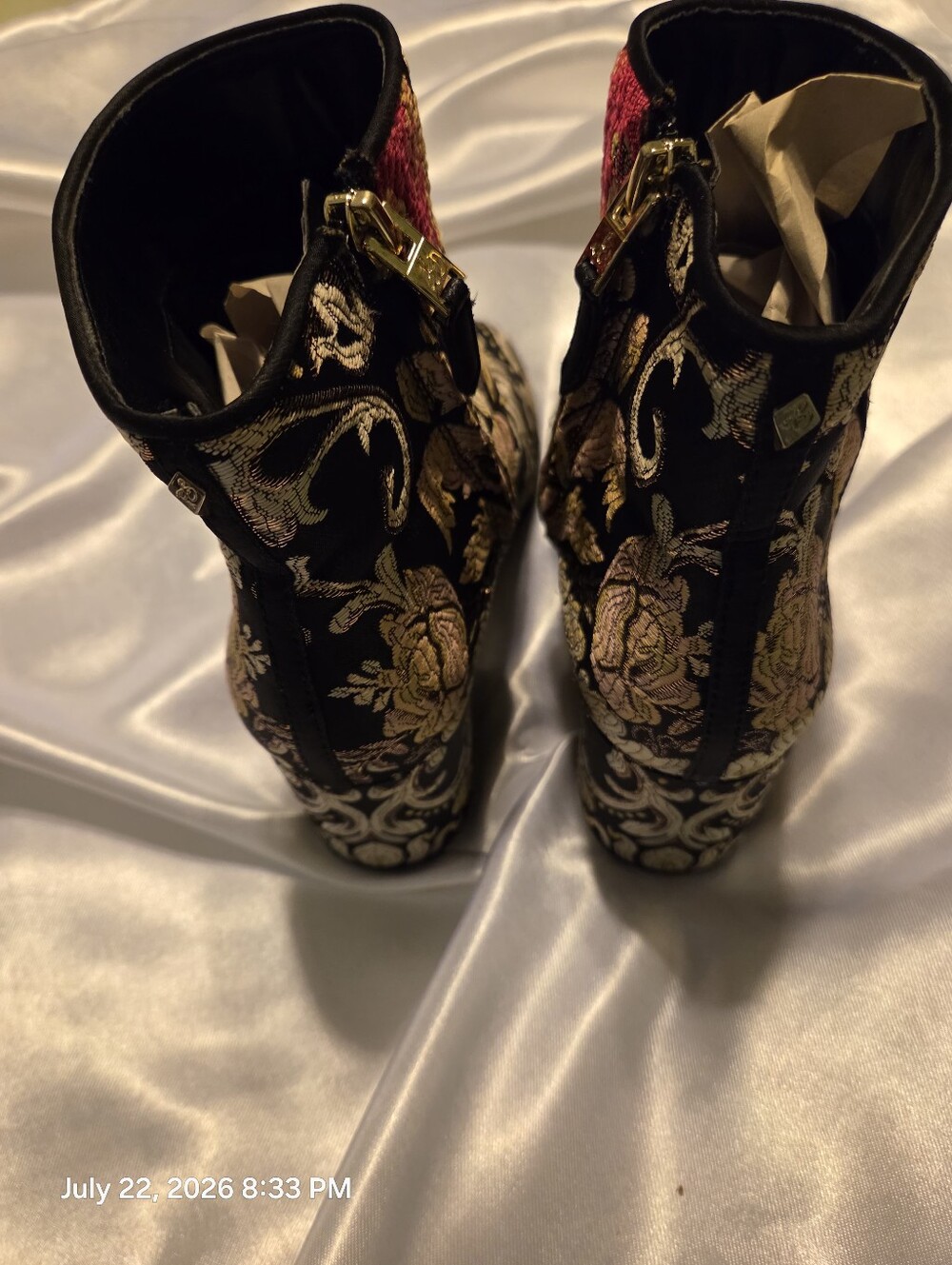 Sam Edelman Black Brocade Floral Ankle Boots with Gold and Pink Embroidery - Picture 3 of 9